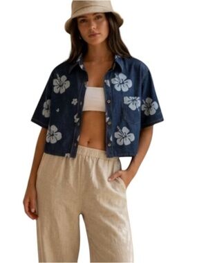 palmwave hawaii denim island tropical shirt hibiscus print vacation Coastal